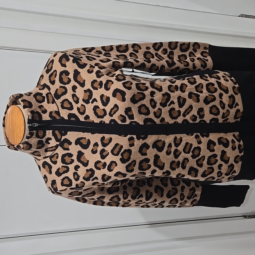 Rachel Zoe Medium Leopard Print Zip Up Knit Sweater Jacket Long Sleeve NEW